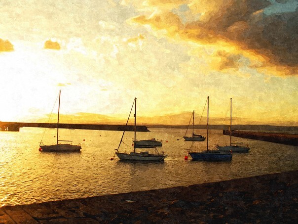 Oil painting of sunset in a harbor